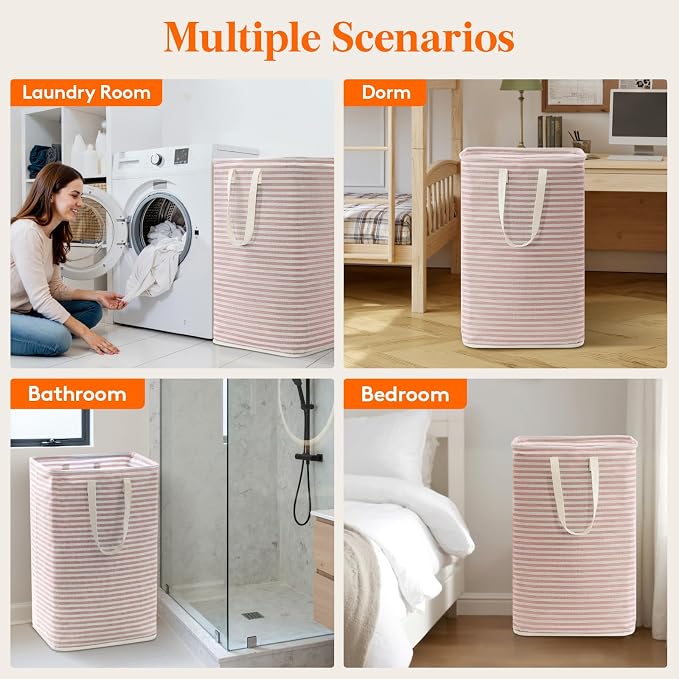 Lifewit 75L Large Collapsible Laundry Basket with Extended Handles, Pink | Foldable Laundry Hamper, Tall Dirty Clothes Basket, Waterproof, Freestanding Design for Bedroom, Bathroom, College Dorm