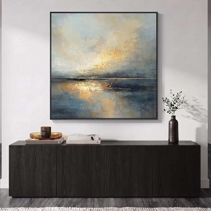 Extral Large Framed Abstract Landscape Wall Art for Living Room, 48x48 In | Oversized Canvas Prints, Neutral Minimalist Pictures, Blue Gray, Gold, Black Frame, Square Paintings, Dining Room Wall Decor