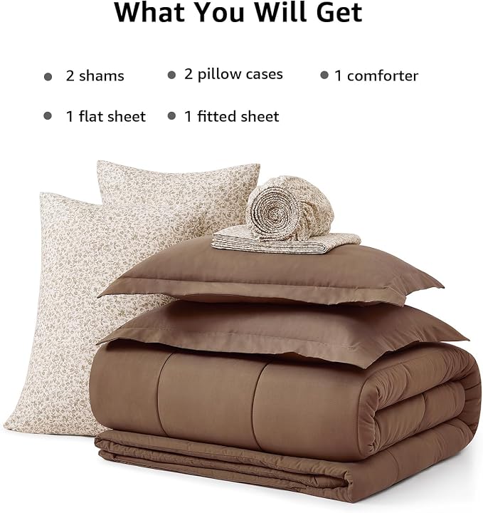 Monbix King Size Comforter Set, 7 Pieces Soft Bed in a Bag King Bedding Set | All Season Brown Track Stitching Comforter with Printed Sheets, Pillowcases & Shams