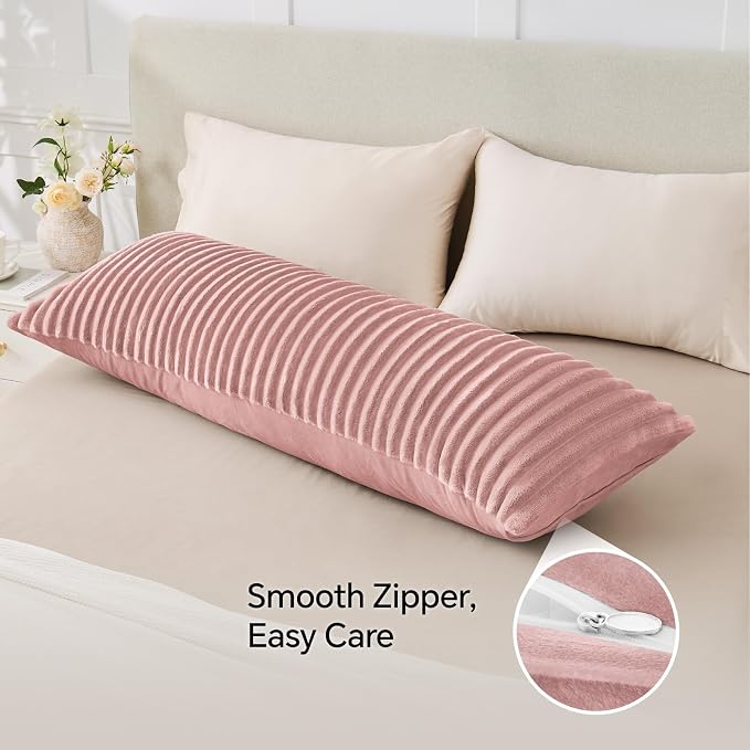 BEDELITE Fluffy Striped Body Pillow Cover with Zipper, Dusty Pink, 20x54 | Ultra-soft Faux Fur with 11D Striped Texture, Comfy, Plush, and Cloud-like, Body Pillow Pillowcase for Bed Couch Room Decor