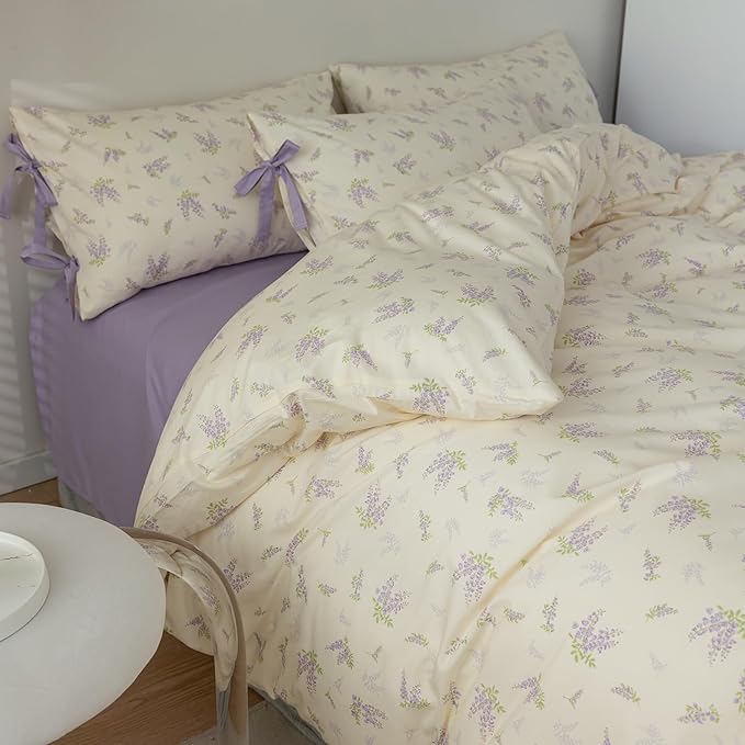 mixinni Cotton Purple Floral Duvet Cover Twin Size Soft Cottage Ribbon Bedding Set Girls Comforter Cover with Zipper 4 Corner Ties for Teenage Girls (1 Duvet Cover + 2 Bowknot Pillowcase)-Twin Size