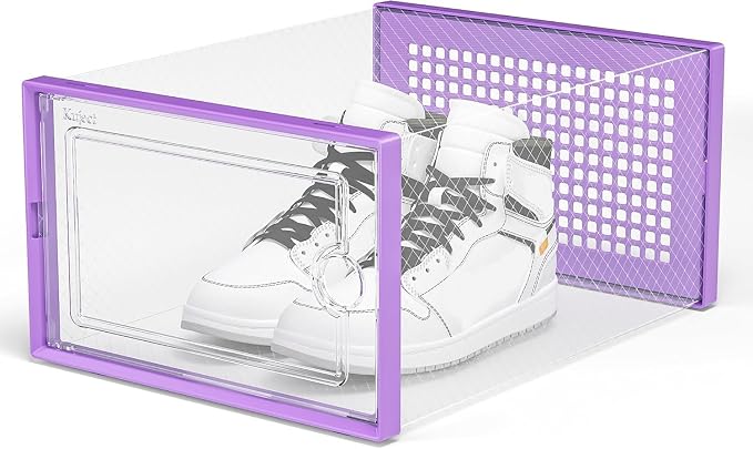 Kuject X-Large Shoe Storage Boxes 12 Pack, Clear Stackable Shoe Organizer | Shoe Case for Closet, Entryway & Under-Bed Storage, Drop-Front Design, Space-Saving Solution for Family Organization,Purple