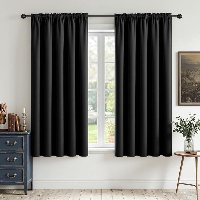 CUCRAF Black Blackout Curtains 45 inch Length 2 Panels Set, Rod Pocket Room Darkening Drapes for Bedroom Living Room, Insulated Thermal Light Blocking Window Curtain (W52 x L45 Inch)