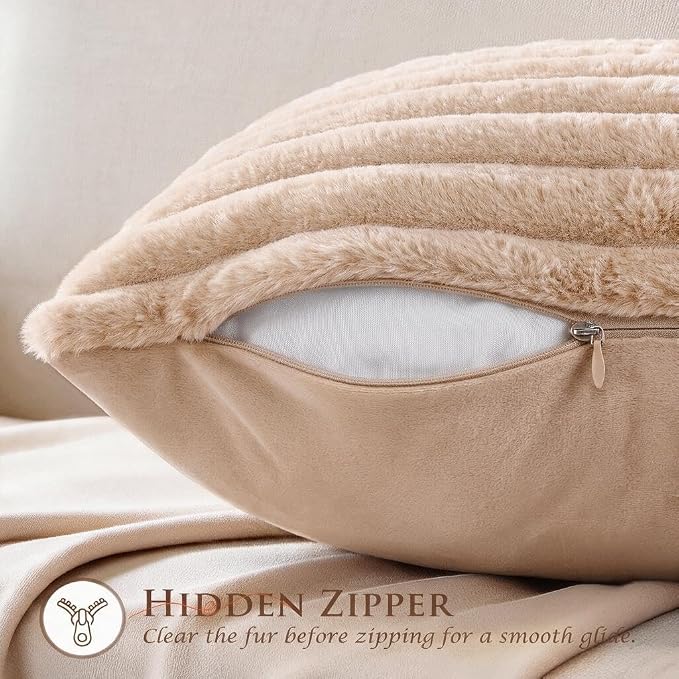 Pack of 2 Throw Pillow Covers 20x20 Decorative Solid Plush Faux Fur with Soft Velvet Back, Square Striped Cushion Cases Modern Farmhouse Home Decor for Living Room Couch Sofa Bed Apricot