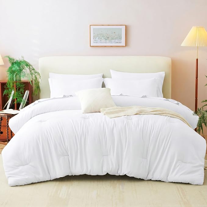 King Size Comforter Set White, 7 Pieces Bed in a Bag | OEKO-TEX Certified, All-Season, Bedroom, 240GSM Down Alternative Comforter, Flat & Fitted Sheets, 2 Pillowcases & 2 Shams