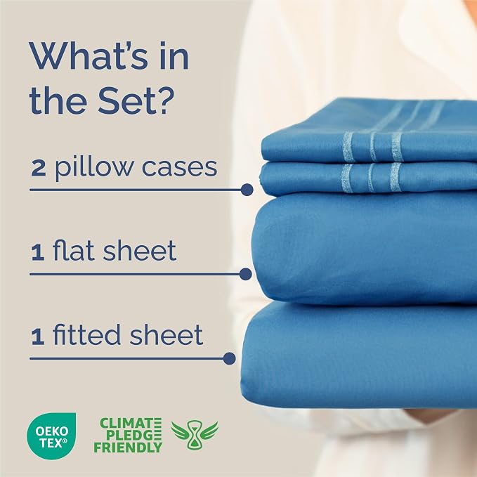 King Size 4 Piece Sheet Set - Breathable & Cooling Sheets - Denim Blue | Hotel Luxury Bed Sheets for Women & Men, Deep Pockets, Easy-Fit, Extra Soft and Wrinkle Free Sheets, Oeko-Tex Bed Sheet Set