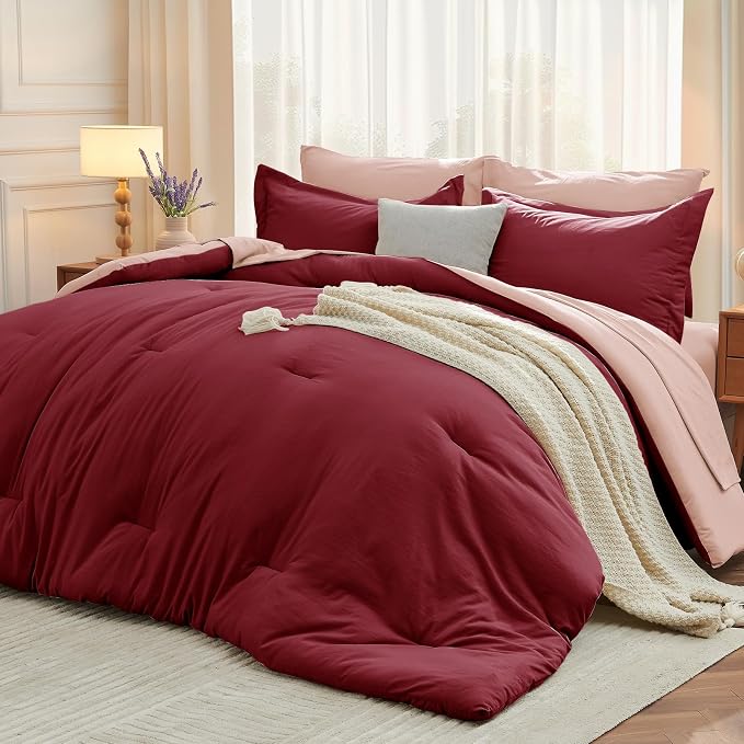 7 Pieces King Comforter Set, Soft Bed in a Bag King Size, All Season Bedding Set with Comforter, Flat Sheet, Fitted Sheet, Pillowcases & Shams, Burgundy & Rose Gold