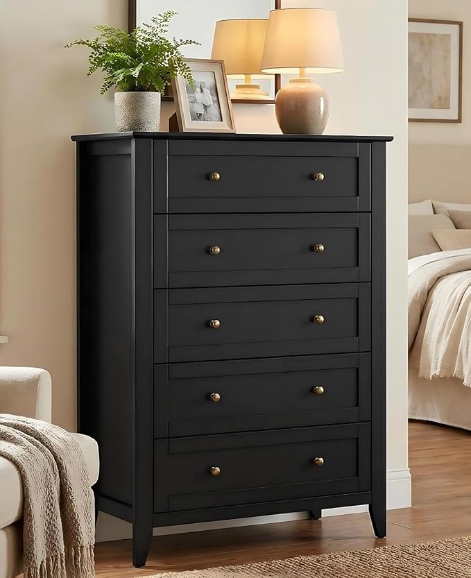 Garvee Black 5-Drawer Dresser for Bedroom, 42.7"H Storage Drawers Organizer | Modern Lacquered Chest of Drawers, 15.8"D x 31.5"W x 42.7"H, Storage Dresser with Deep Drawers for Home Office