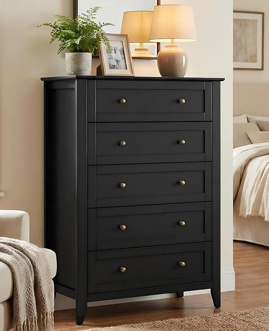 Garvee Black 5-Drawer Dresser for Bedroom, 42.7"H Storage Drawers Organizer | Modern Lacquered Chest of Drawers, 15.8"D x 31.5"W x 42.7"H, Storage Dresser with Deep Drawers for Home Office