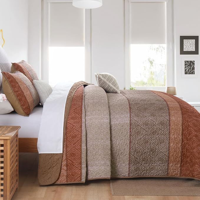 Cottolester Boho Quilt Set Queen,3 Pcs Red Orange Striped Plaid Bedspread | Ultra Soft Fall Lightweight Coverlets Set for Men Women,Microfiber Patchwork Quilt Bedding Sets for All Seasons 96"x90"