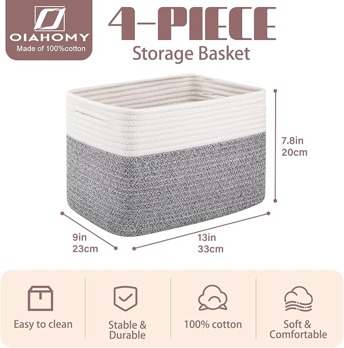 OIAHOMY 4 Pack Storage Basket, 13"x9"x7.8" Cotton Rope Baskets for Shelves, Closet Organizer for Bedroom & Living Room, Soft Decorative Bins for Organizing Towels, Books & Toys, Grey & White