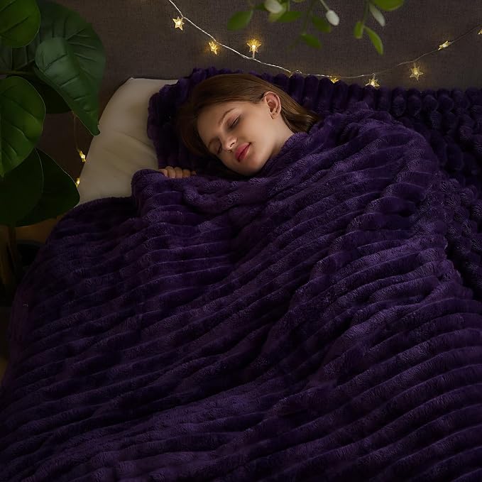 NEWCOSPLAY Fleece Ribbed Cozy Queen Blanket for Couch, Purple, 90"x90" | Premium Silky Flannel Blanket, Soft Lightweight Fluffy Throw Blanket for Bed Sofa Decor, Gift for All Season Use