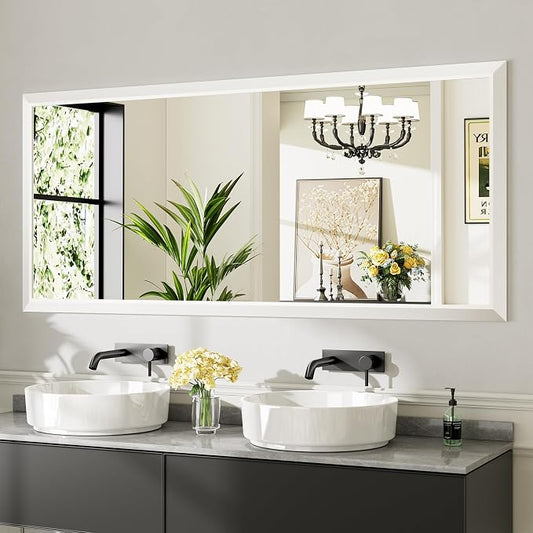 Bathroom Wall Mirror, White Metal Frame, 72x32 Inch | Anti-rust, HD tempered glass, for bathroom vanity, bedroom, living room, horizontal or vertical mount
