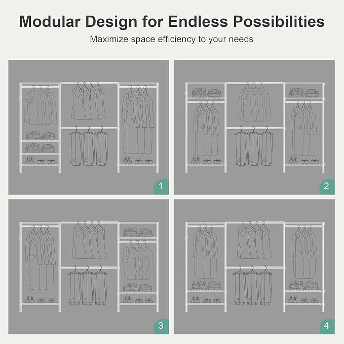 SEMHOR E06 Expandable Heavy Duty Clothes Rack for Reach-in Closet | Freestanding Clothing Racks with Shelves, Carbon Steel Closet Organizer System Adjustable 70.8-93.9", Max Load 800LBS, White