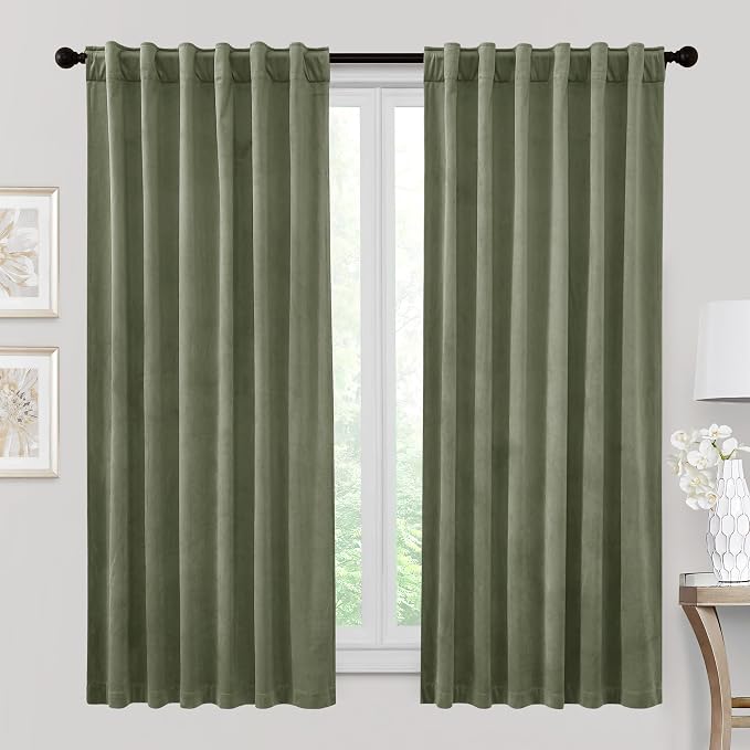 RYB HOME Velvet Room Darkening Curtains for Living Room 72 inches Long | Thermal Insulated,Privacy UV Heat Blocking,Noise Reducing,Drapes for Kids Room Sunroom,Sage Green,W52 x L72 inch,2 Panels