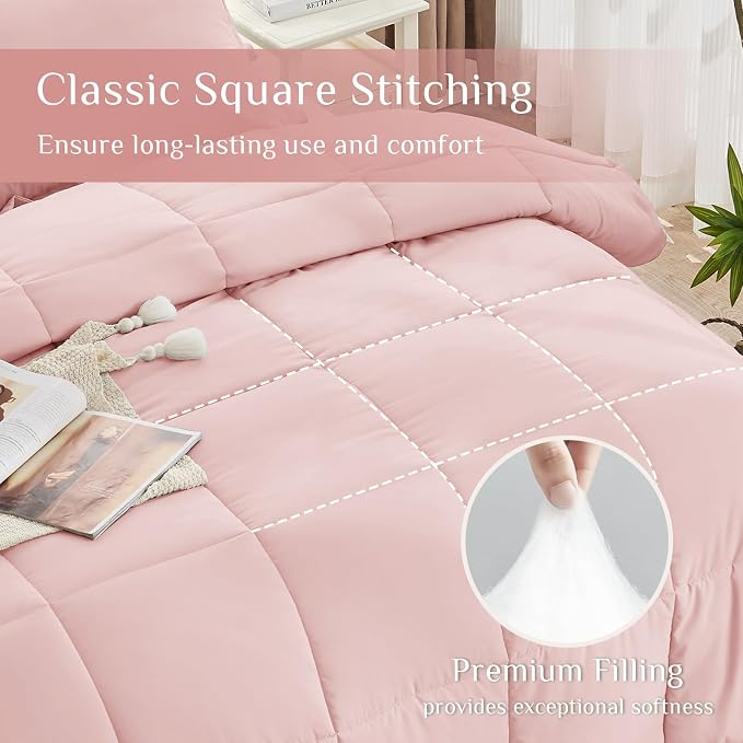 JOLLYVOGUE King Comforter Set, Ultra-Soft Bed in a Bag King Size 7 Pieces, Oeko-TEX Certified Bedding Set with Down Alternative Comforter, Sheets, Pillowcases & Shams, Blush Pink