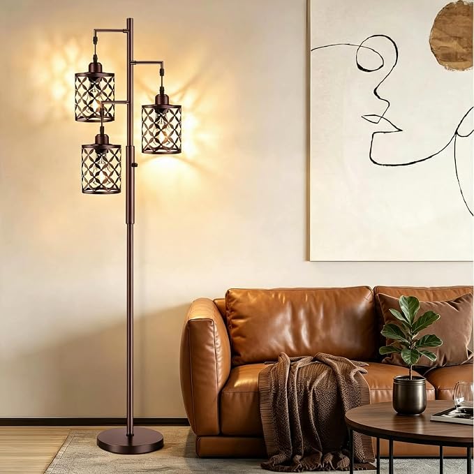 72" Industrial Tree Floor Lamp, Dimmable Farmhouse Tall Stand Light with Metal Cages & Rotary Dimmer Knob, Corner Decor Lighting for Living Room Bedroom Cafe, 3 x 800LM Bulbs Included-Brown