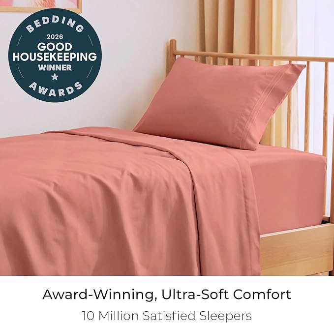 Mellanni Iconic 3-Piece, Ultra Soft Sheet Set (Twin, Coral) | 10M+ Sleepers. Lab-tested: Sleeps Cool, Stays Bright, Strong, Smooth. Good Housekeeping Best Bedding, 7 yrs running.