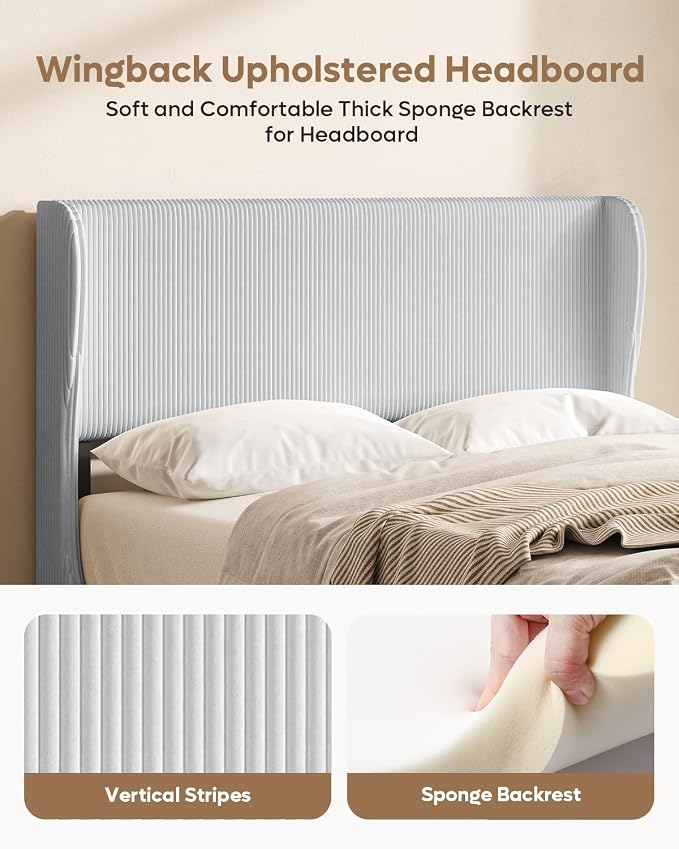 Bestier Full Bed Frame with Wingback Headboard,Upholstered,Light Grey | Vertical Channel Corduroy Upholstered,Easy Assembly,Wingback Headboard,No Squeaks,Wooden Slats Support,No Box Spring Needed