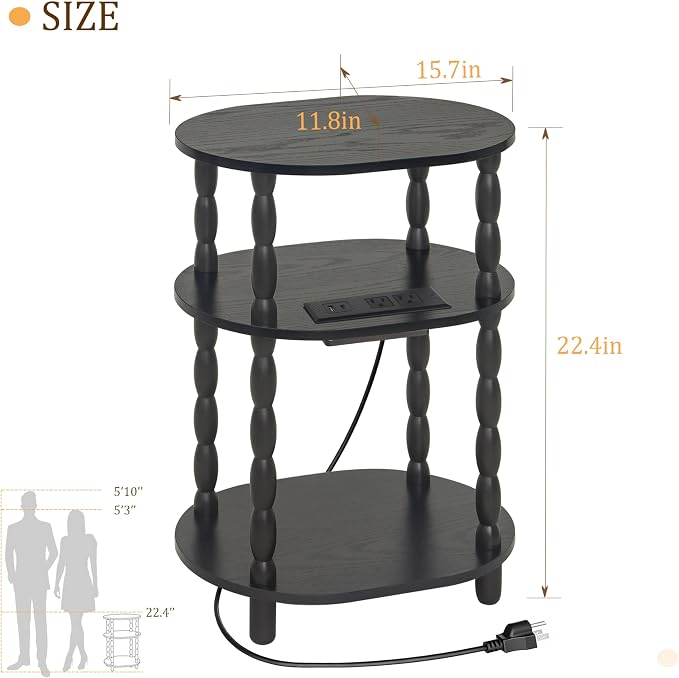 MaxSmeo Black Side Table with Charging Station, 3-Tier Small Oval End Table with USB Ports and Outlet, Modern Night Stand Wood Accent Table for Living Room, Bedroom, Black