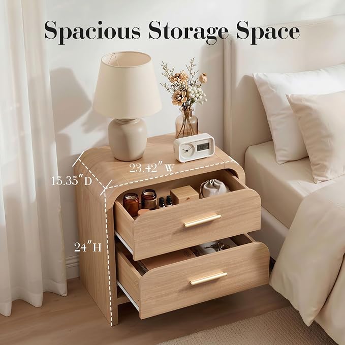 Night Stand, 2-Drawer | [Curved Profile] [FSC-Certified Wooden Board] Nightstand 24" H Metal Handle Modern Bedside Table Side Table End Table