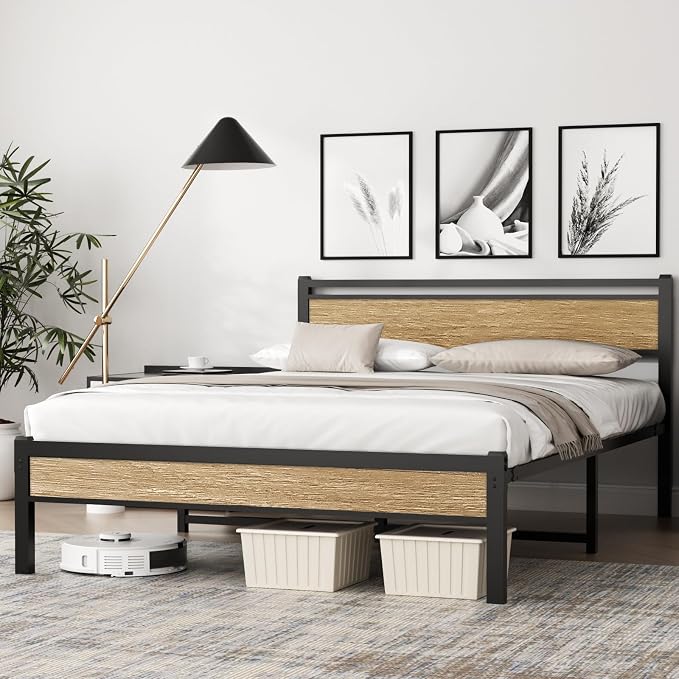 Easy Install 16 Inch Queen Size Bed Frame with Headboard&Footboard | Large Under Bed Storage, No Box Spring Needed, Non-Slip Without Noise, Sturdy Steel Frame, Mattress Foundation, Walnut