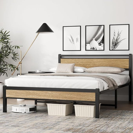 Easy Install 16 Inch Full Size Bed Frame with Headboard&Footboard | Large Under Bed Storage, No Box Spring Needed, Non-Slip Without Noise, Sturdy Steel Frame, Mattress Foundation, Walnut