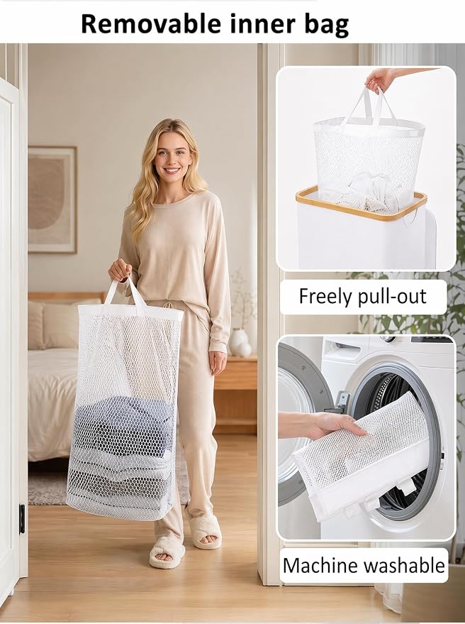 IEGrow Laundry Hamper with Lid,110L Laundry Basket with Mesh Bags,White | Dirty Clothes Hamper Basket with Bamboo Handle for Clothes Towels