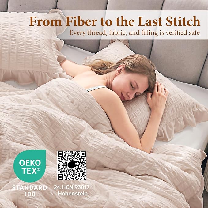 JOLLYVOGUE Oversized King Comforter Set, 3 Pieces Beige Seersucker Comforters, Lightweight & Fluffy Bedding Sets for All Season with 1 Ruffle Comforter and 2 Ruffle Pillowshams