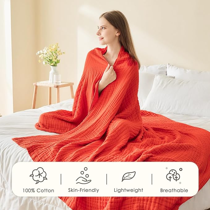 EMME Muslin Blankets for Adults Throw Blanket for Couch Breathable Gauze Soft Lightweight Airy Orange Rust Throw 50" x 60"