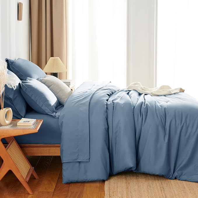 HIMEET Queen Comforter Set, 7-Piece Point-Quilted Bed in a Bag Grayish Blue | OEKO-TEX Certified, Lightweight 240 GSM Comforter, Flat Sheet, 14-Inch Deep-Pocket Fitted Sheet, Pillowcases & Shams