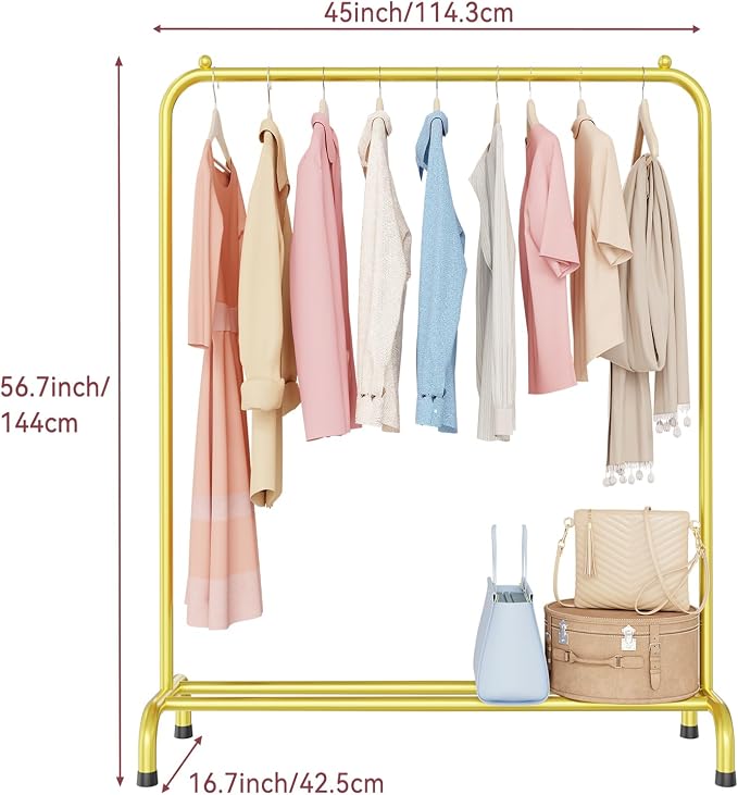 Clothing Clothes Rack with Storage Shelf, 45" L Standard Garment Rack for Hanging Clothes, Metal Portable Wardrobe Rack for Laundry Room, Bedroom, Gold