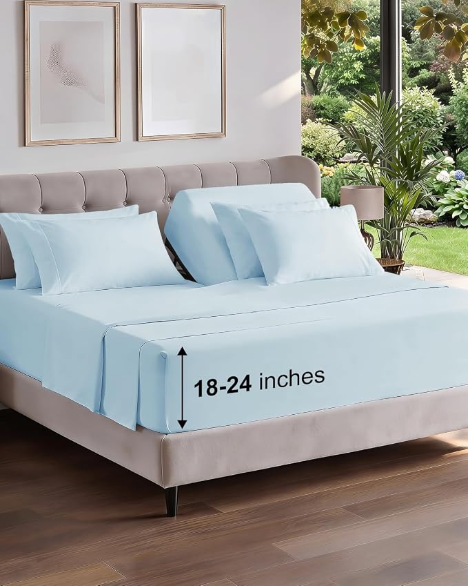 Extra Deep Flex Top Split Head King Sheet Set - 6 Piece Breathable and Cooling Sheets - Hotel Luxury Bedding for Women, Men, Kids & Teens - Easy Secure Fit - Extra Deep Pockets - Sky Blue