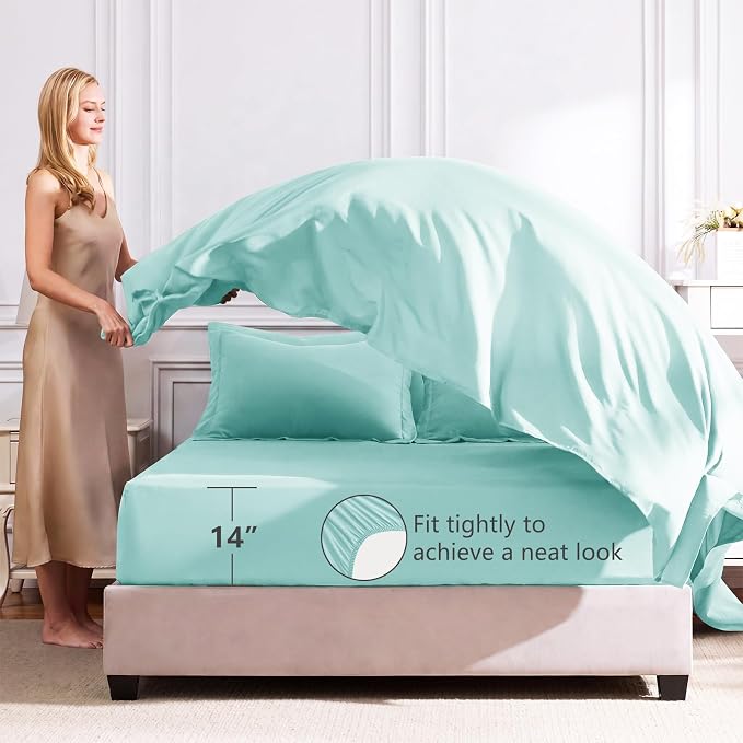 Queen Comforter Set with Sheets Spa Blue - 7 Pieces Bed in a Bag | OEKO-TEX Certified, All Season, 240GSM Down-Alternative Comforter, Sheets, Pillowcases & Shams, 14" Deep Pocket, Easy Care