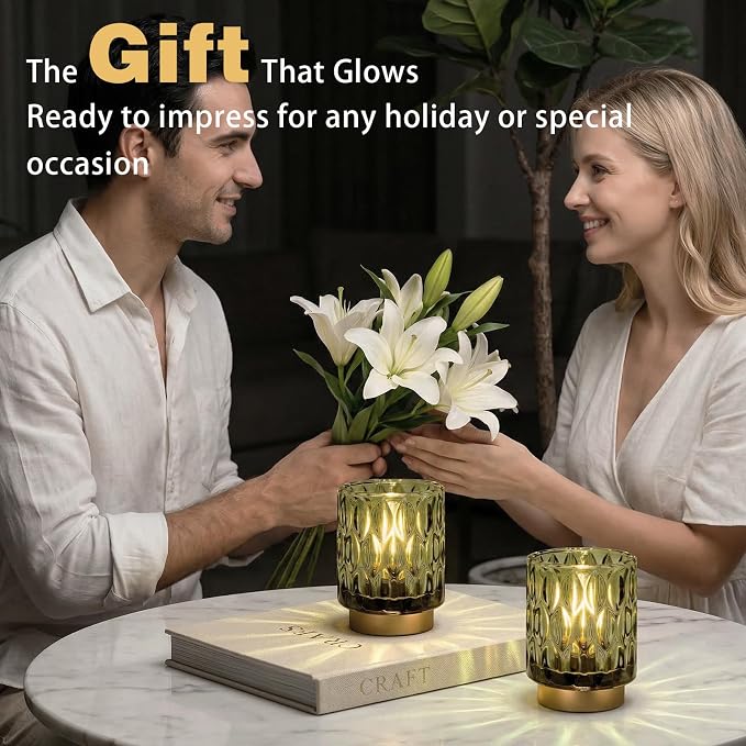 Battery Operated Table Lamp Timer, Small Cordless Lamps Decorative, 2 Green | Mini Crystal Lamp for Area No Plug, LED Battery Powered Lamps Wireless, Glass Accent Light for Bathroom Fireplace Shelf Decor