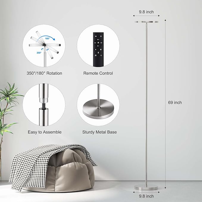 SUNMORY Floor Lamps for Living Room，LED Standing Lamp with Remote Control | 32W/3000LM Super Bright, 69" Tall Floor Lamp with Stepless Dimmable, Modern Torchiere Corner Lamp for Bedroom, Office Nickel
