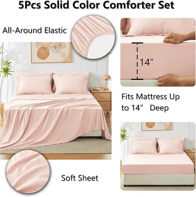 Twin XL Comforter Blush Pink, 5 Pieces Bed in a Bag | College Dorm Essentials, OEKO-TEX Certified, 240GSM Down Alternative Comforter, Flat & Fitted Sheets, Pillowcase & Sham