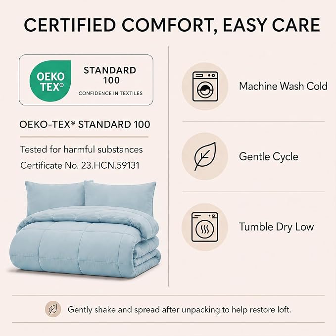 King Size Comforter Set Light Blue - 7 Pieces Bed in a Bag | OEKO-TEX Certified, All-Season, Bedroom, Guest Room, Down-Alternative Comforter + Flat & Fitted Sheets + 4 Pillowcases