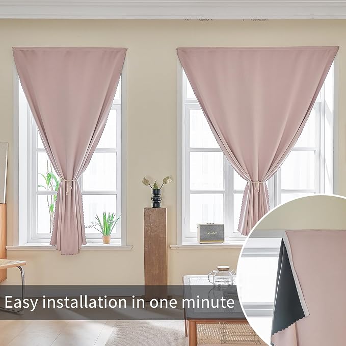 AJAZZ 100% Blackout Self Adhesive Curtains Small Window Short Temporary Black Out Curtains Easy to Install Used for Bedroom Kitchen Window Cover (Pink, 35" W x 63" L 1 Panel)