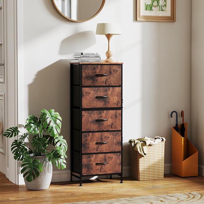DUMOS Nightstand with 5 Fabric Drawers, Skinny Dresser | Night Stand Bedside Table, Removable Bins, Sturdy Steel Frame Wood Top, Storage Tower for Bedroom Closet, Rustic Brown