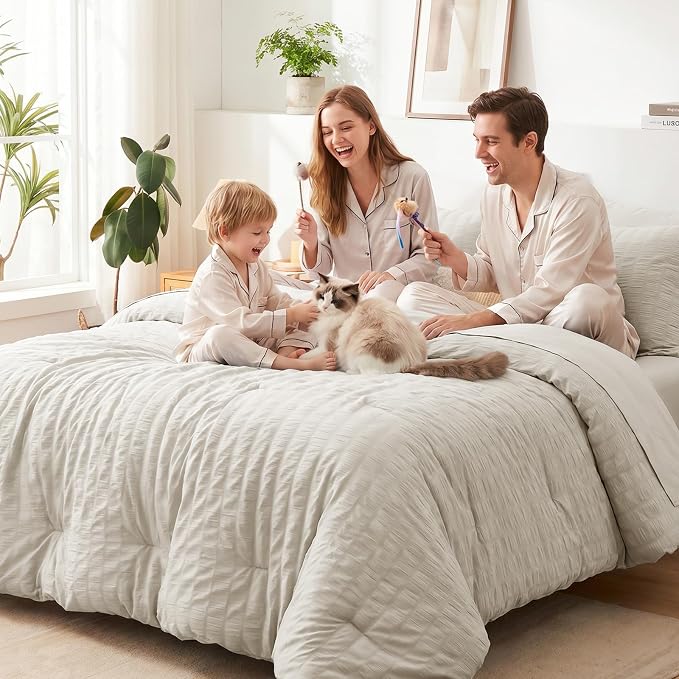Oversized King Comforter Set, 7-Piece Beige Seersucker, 120 x 98 in | OEKO-TEX Certified All Season Bed in a Bag with 240 GSM Down Alternative Comforter, Flat & Fitted Sheets, Pillowcases & Shams
