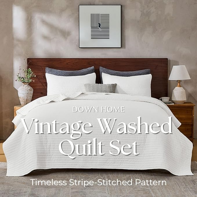 DOWN HOME Cali King Quilt Bedding Set with Shams, Vintage Washed Quilted Blanket Thin Comforter Lightweight Bedspread Coverlet Bed Cover, Brushed Microfiber Stripe Stitching, Snow White, 111"x92"