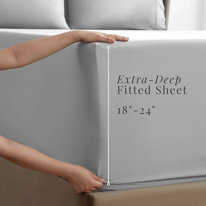 Hearth & Harbor Extra Deep Pocket Queen Sheets Sets - Fits Mattress 18-24 Inches Deep - Extra Deep Pocket Sheets - 6 Piece Queen Size - Silver