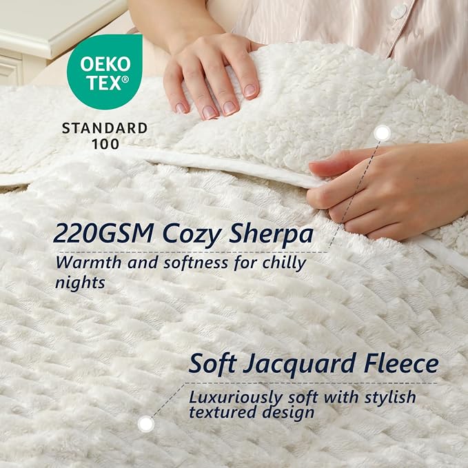 Mr. Sandman Weighted Blankets for Adults, Queen Size 80 x 87 Inches, 15lbs | Machine Washable; Soft Warm Sherpa Fleece; Jacquard Flannel with Glass Beads; Heavy Throw for Sleep and Calm; Cream White