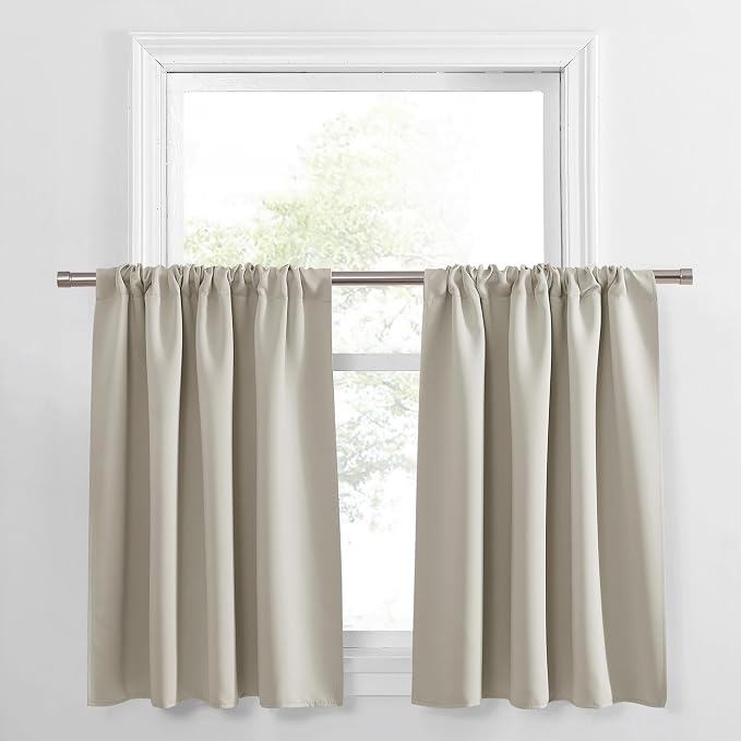 PONY DANCE Cream Draperies & Curtains - Room Darkening Rod Pocket Top Thermal Insulated Noise Reducing Short Curtain Panels for Kitchen Bedroom, 42 Wide x 36 Inches Long, Cream, 2 PCs