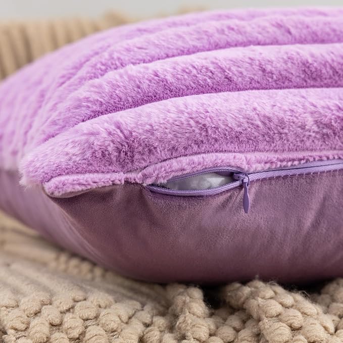 ZLINA Light Purple Striped Faux Fur Throw Pillow Covers 18 x 18 Inch | 2‑Pack, boho striped pillow covers,velvet back,fuzzy plush cushion covers , for sofa bed livingroom home decor