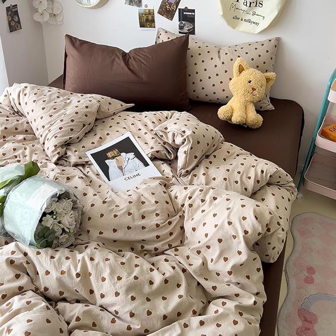 Nayoroom Brown Heart Duvet Cover Set Queen Vintage Farmhouse Bedding | Soft Breathable Washed Microfiber, All-Season Comfort, Hidden Zipper, 4 Corner Ties, Modern Aesthetic Bedding