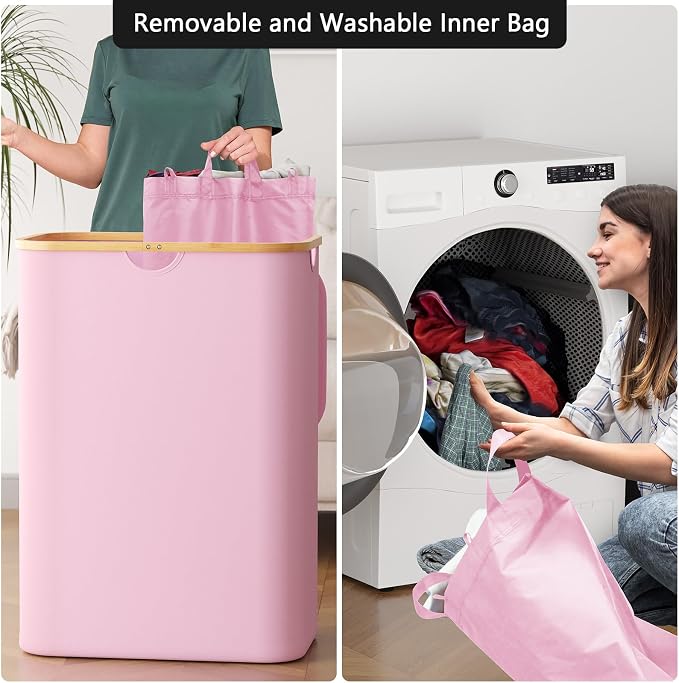 SpaceAid Double Laundry Hamper 2 Section with Lid and Removable Laundry Bags, 160L Clothes Basket with Bamboo Handles, Large Collapsible Hamper for Bedroom, Bathroom, Dorm, Laundry Room - Pink