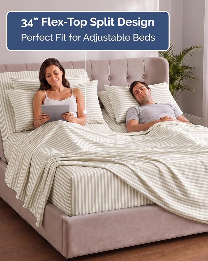 Extra Deep Flex Top Split Head King Sheet Set - 6 Piece Breathable and Cooling Sheets - Hotel Luxury Bedding for Women, Men, Kids & Teens - Easy Secure Fit - Extra Deep Pockets - Beige Stripes 2