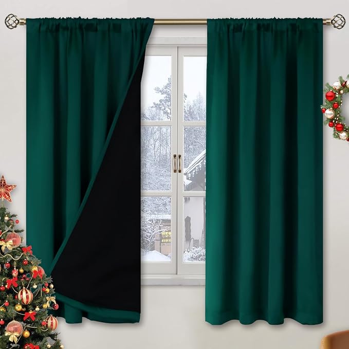BGment Christmas Green 100% Blackout Curtains for Bedroom 63 Inches Long | Thermal Insulated, Thick Heavy Full Room Darkening, Noise Reducing Rod Pocket Curtains, 2 Panels, 42 x 63 Inch